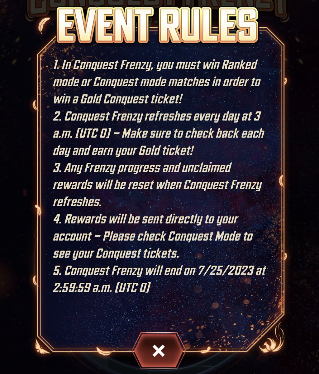 daily free gold conquest tickets this week? 👀 sign me up! 

all ya gotta do is win 10 games a day and then claim it 

link for claiming through desktop will be 👇