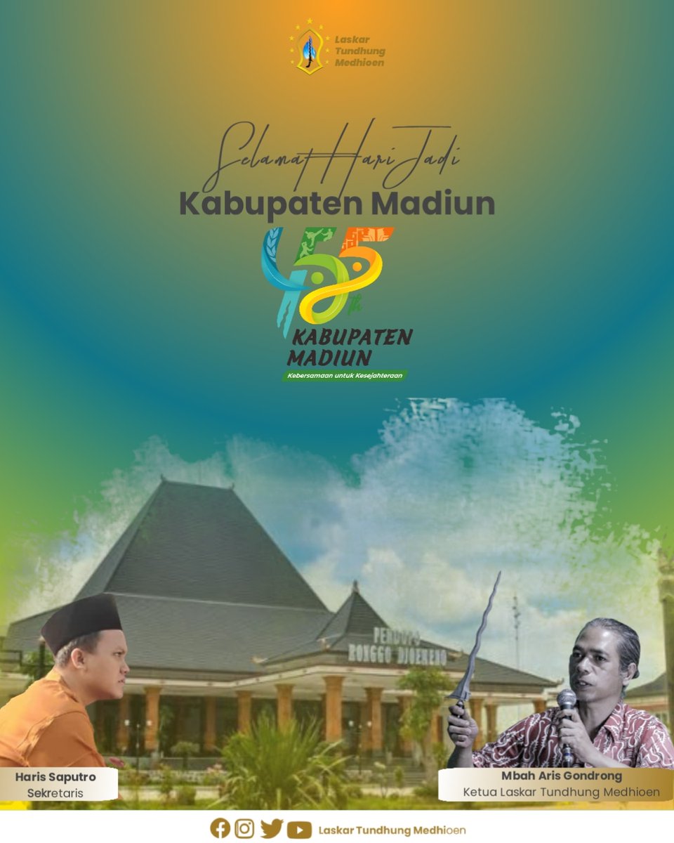 laskartundhung's tweet photo. Selamat Hari Jadi Kabupaten Madiun ke-455

Semoga terus maju dan menghasilkan berbagai inovasi baru yang membanggakan khususnya di bidang kebudayaan. Dan warganya semakin aman, nyaman dan sejahtera. 

#laskartundhungmedhioen #harijadikabupatenmadiun #harlahkabupatenmadiun #madiun https://t.co/0O9yq3UCYq