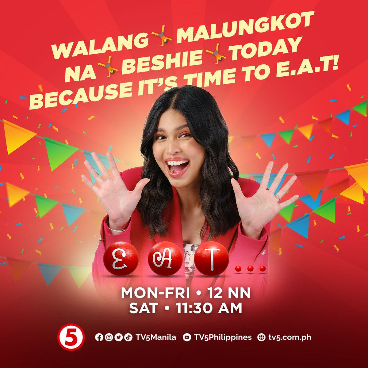 Masaya 🤸🏻‍♀️ ang 🤸🏻‍♀️ araw 🤸🏻‍♀️ dito 🤸🏻‍♀️ sa 🤸🏻‍♀️ E.A.T. 🤸🏻‍♀️ mga 🤸🏻‍♀️ Beshy!

SAMA-SAMA tayong manood ng #EATTV5 at 12NN sa TV5, at sa ating livestream via TV5 Facebook Page at TV5 Philippines YouTube Channel!

#TVJonTV5 #TVJMediaQuest #LunchtimeSayaTV5 
#IBAngSayaPagSamaSama