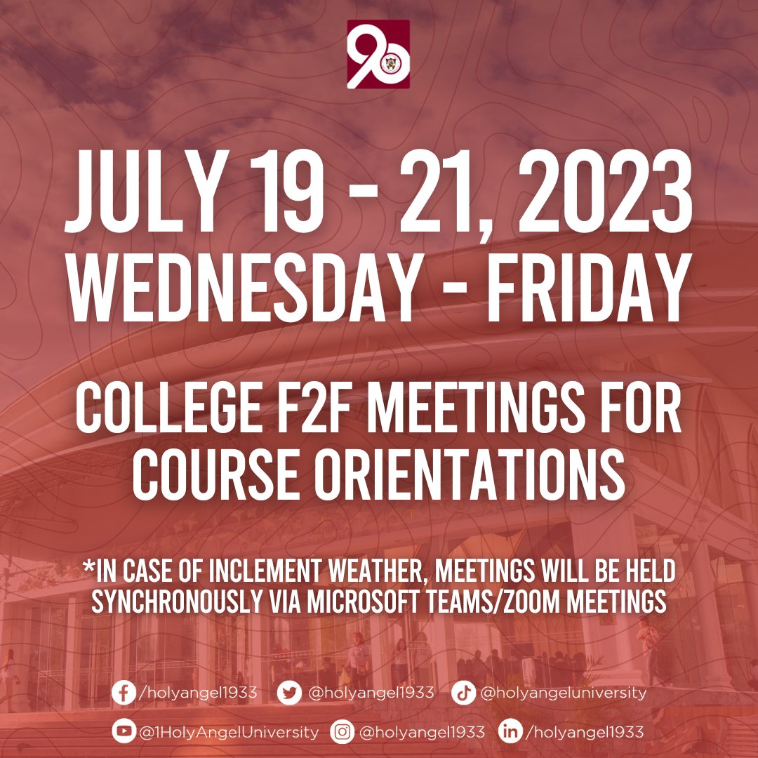 holyangel1933's tweet image. 🔊 BE ADVISED, ANGELITES ❗️❗️❗️

July 19-21 meetings/classes are in-person for course orientations of college students. In case of inclement weather, meetings will be held synchronously via Microsoft Teams or Zoom Meetings.

#F2FClasses 
#HAUat90