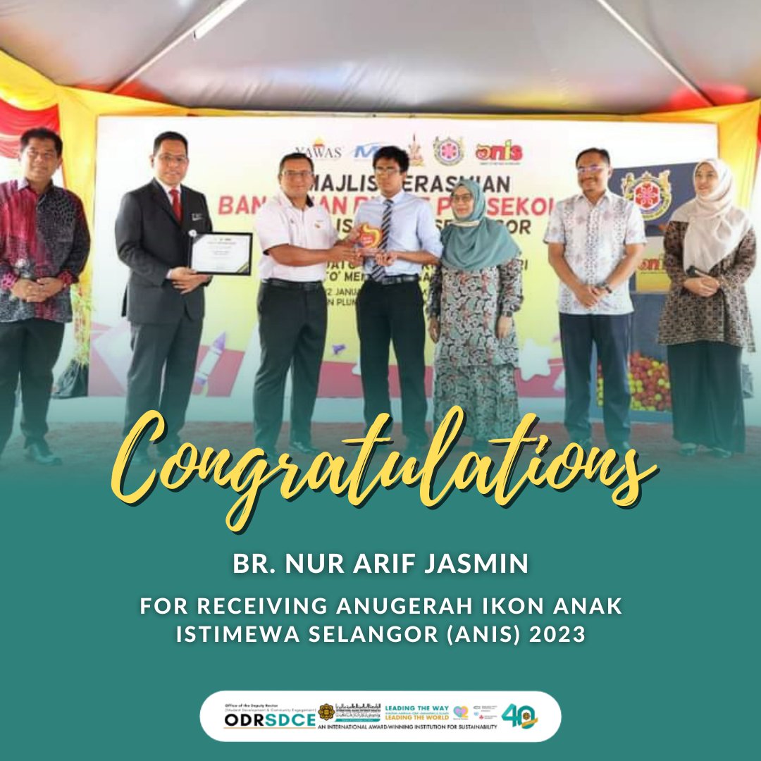 odrsdce's tweet photo. The office would like to congratulate Br. Nur Arif Jasmin, PHD student in Quran and Sunnah programme for receiving Anugerah Ikon Anak Istimewa Selangor (ANIS) 2023
#odrsdce
#leadingthechanges https://t.co/fjlbrCnR01