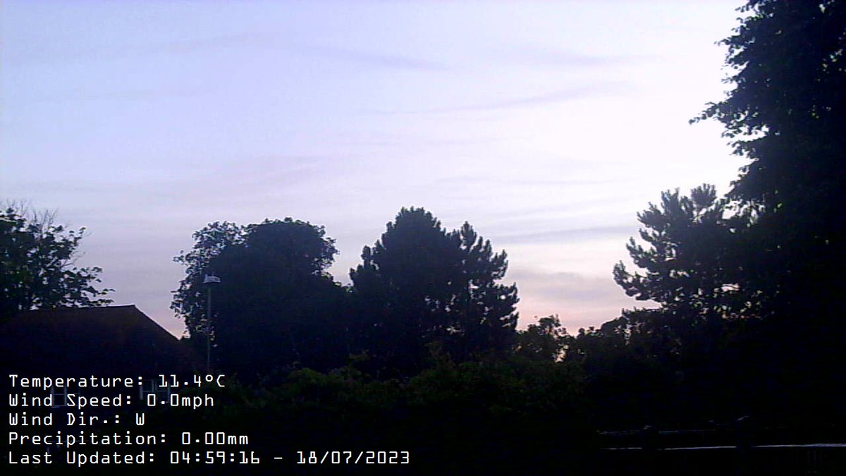 Report at 05:00 Wind:W at av. 0mph, max gust today 0.0mph at 15:34Temp:11.4CMax today:14.8C at 00:00 Min today: 11.3C at 04:45 Baro:1020.1mb Falling slowlyRain Today:  0.0mm Fcst: increasing clouds with little temp change, precipitation possible within 24 to 48 hrs.