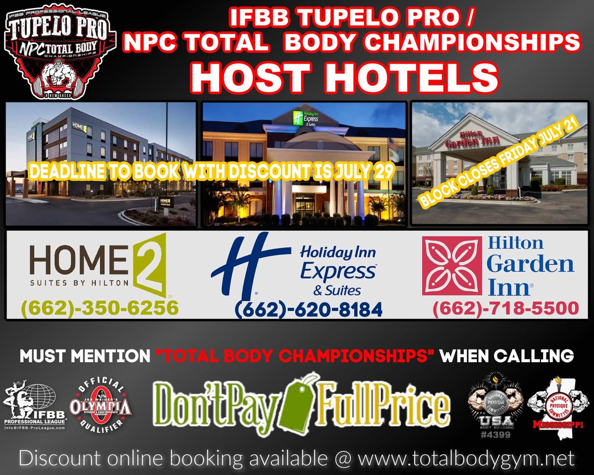 HOST HOTELS DISCOUNT DEADLINES HAVE BEEN EXTENDED & ROOMS ADDED! 
These rooms will go FAST!
Hilton Garden Inn Tupelo deadline is THIS FRIDAY!
To book with Discount, totalbodygym.net
#Home2Suites #HolidayInnExpress #HiltonGardenInn #TotalBodyChampionships2023 #TupeloPRO