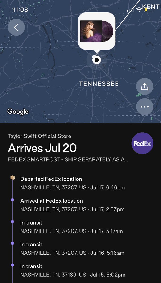 idk whats worse; my speak now tv vinyl being stuck in fernjail for a week after it “shipped” or the fact fedex appears to have been driving it around nashville for fun for the past 2 days and is still saying it wont make it to my home (in nashville) for another 2 days. https://t.co/LxFTxkgckW