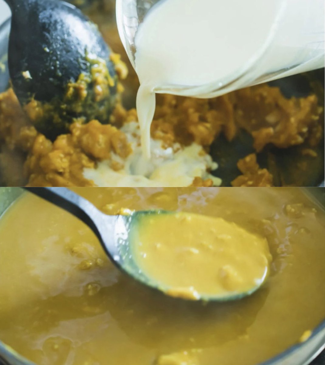 akari_hasegawa's tweet photo. ノン小麦粉•お出汁&amp;豆乳で作るこっくりかぼちゃの和風カレー。鶏ひき肉をごろっと焼き付けたらかぼちゃと一緒にお出汁で煮込み、カレー粉を加え豆乳で伸ばしたら醤油で味を整え完成。かぼちゃのやさしい甘味と出汁の旨味がカレー粉と相性抜群。子供も大人も大好きな味です。https://t.co/KdilmSD2H2 https://t.co/NwLqq5HoZP