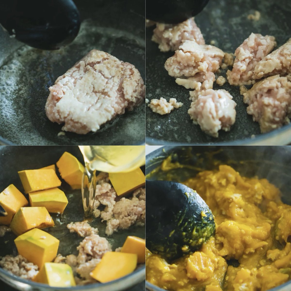 akari_hasegawa's tweet photo. ノン小麦粉•お出汁&amp;豆乳で作るこっくりかぼちゃの和風カレー。鶏ひき肉をごろっと焼き付けたらかぼちゃと一緒にお出汁で煮込み、カレー粉を加え豆乳で伸ばしたら醤油で味を整え完成。かぼちゃのやさしい甘味と出汁の旨味がカレー粉と相性抜群。子供も大人も大好きな味です。https://t.co/KdilmSD2H2 https://t.co/NwLqq5HoZP