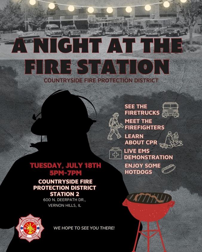 Learn more about our Countryside Fire Protection District at A Night at the Fire Station on July 18 from 5PM - 7PM at Station 2.