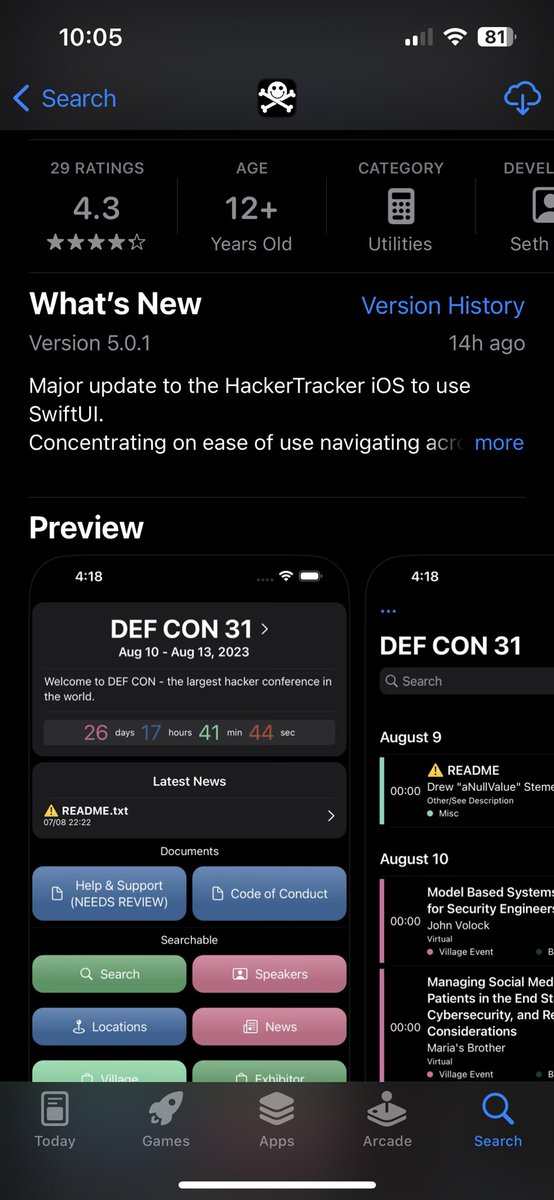 And with that, it’s live. Update to the latest iOS version of #HackerTracker for <a href="/defcon/">DEF CON</a>, <a href="/BSidesLV/">BSides Las Vegas</a>, and all other security conferences. One update is in the works to sync bookmarks across devices. @OptionalValue, <a href="/_advice_dog/">advice</a>, <a href="/aNullValue/">Drew Stemen (@anullvalue@defcon.social)</a>.