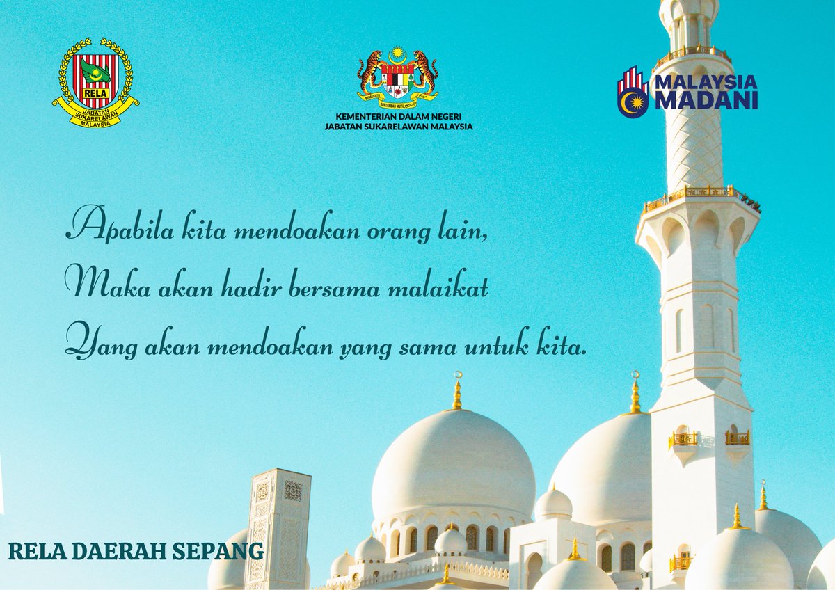 Apabila kita mendoakan orang lain,
Maka akan hadir bersama malaikat
Yang akan mendoakan yang sama untuk kita.
#SetiaBerbakti
#RELAMalaysia
#MalaysiaMadani