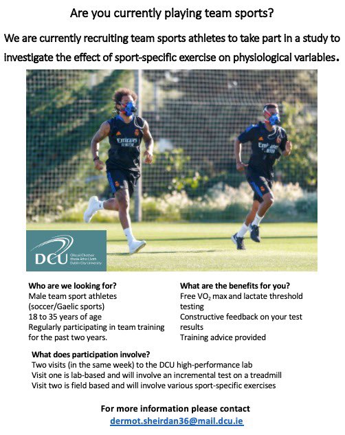 *Participants Wanted*

Are you a male teams sport (Soccer or Gaelic) athlete? 🏃‍♂️

Interested in doing some lab and feild-based testing? 

To get involved or for more info just drop me an email or DM 📥 

All RT's greatly appreciated!