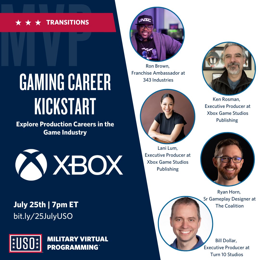 MSFT_Military's tweet image. Xbox to deliver next session in special virtual series titled “USO Career Kickstarts with Xbox,” in partnership with Microsoft Software &amp;amp; Systems Academy. Next session “Explore Production Careers in the Game Industry” is on Tuesday, July 25. To register: bit.ly/25JulyUSO