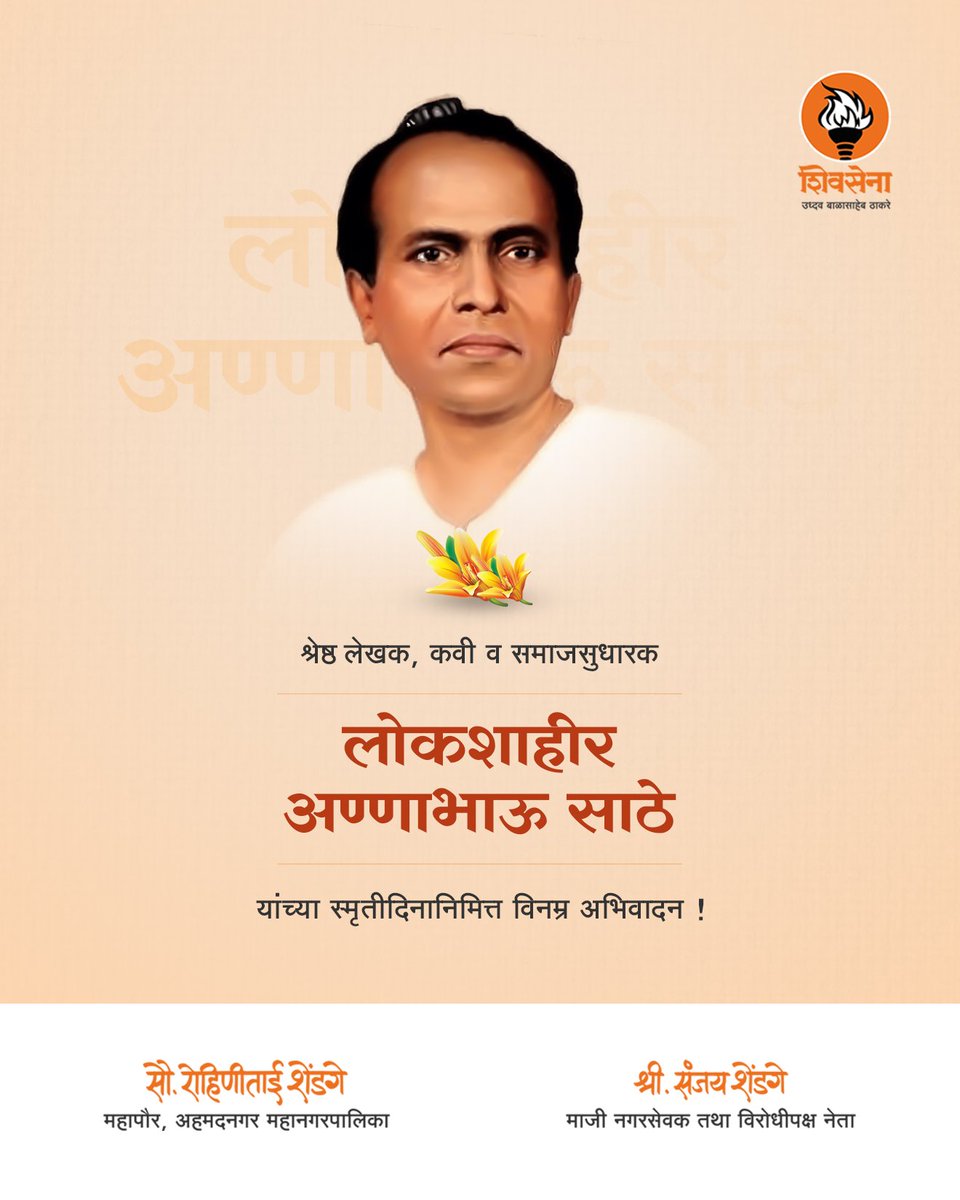 RohiniShendge's tweet photo. श्रेष्ठ लेखक, कवी व समाजसुधारक
लोकशाहीर अण्णाभाऊ साठे
यांच्या स्मृतीदिनानिमित्त विनम्र अभिवादन !
.
.
.
#annabhausathe 
#अण्णाभाऊ_साठे
#Shivsena 
#Mayor https://t.co/D4ukqgcJHO