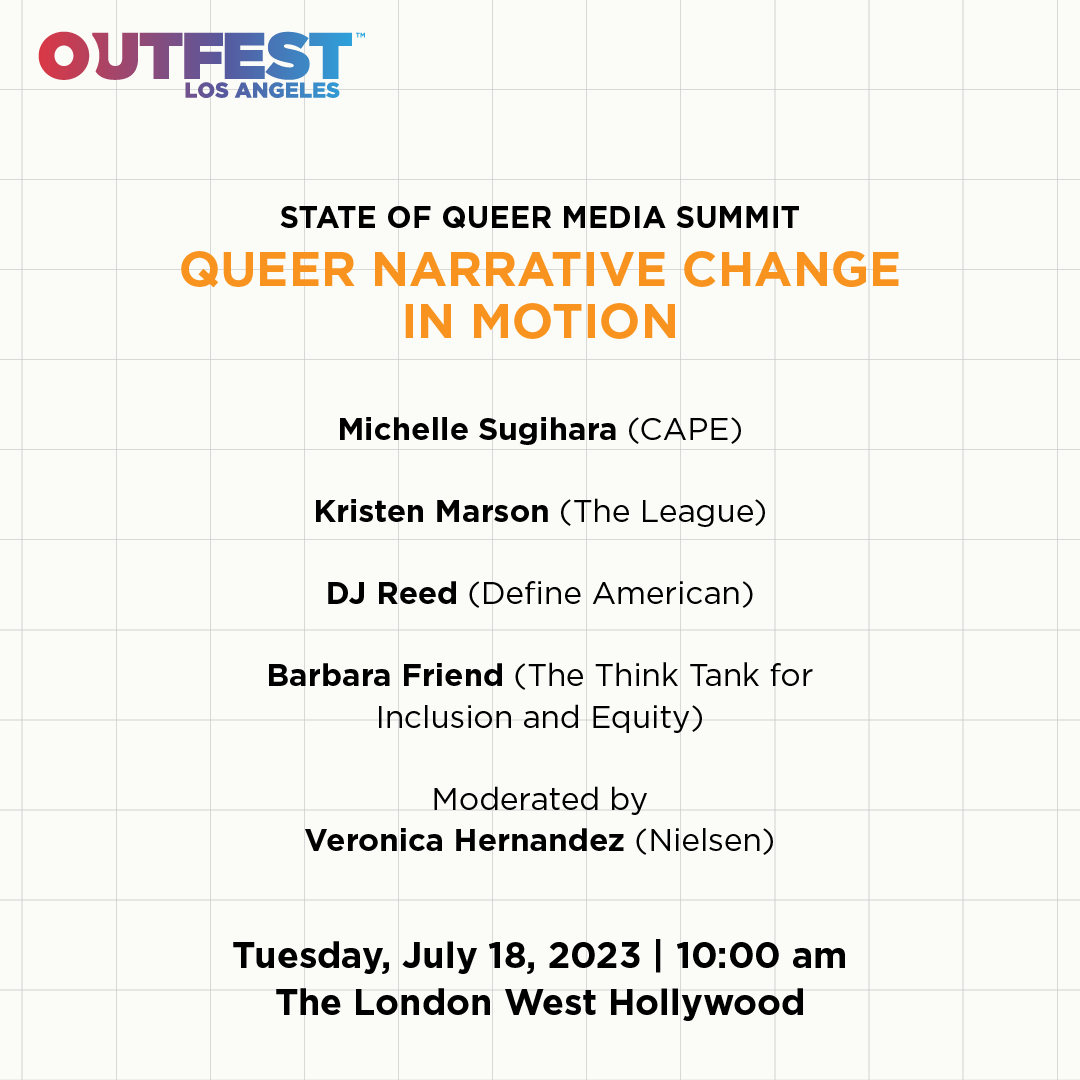 WriteInclusion's tweet photo. Anyone checking out @Outfest today? Come to the "Queer Narrative Change in Motion" panel. TTIE will be joined by our friends and partners: @nielsen @CAPEUSA @DefineAmerican @misskrist10! https://t.co/JCT7DaDd5U