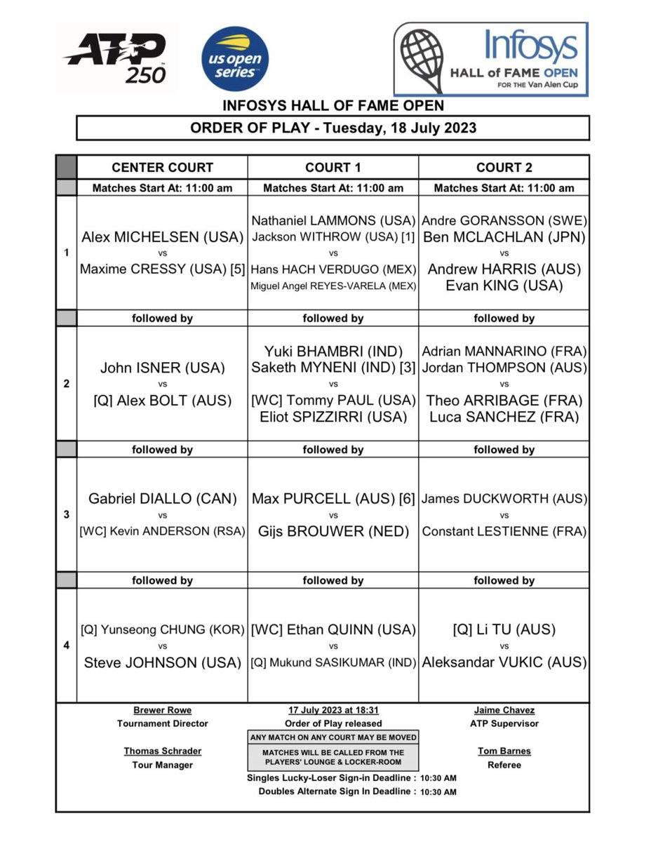 TennisONEApp's tweet image. Newport Tuesday Order-of-Play ⬇️

#InfosysHallOfFameOpen