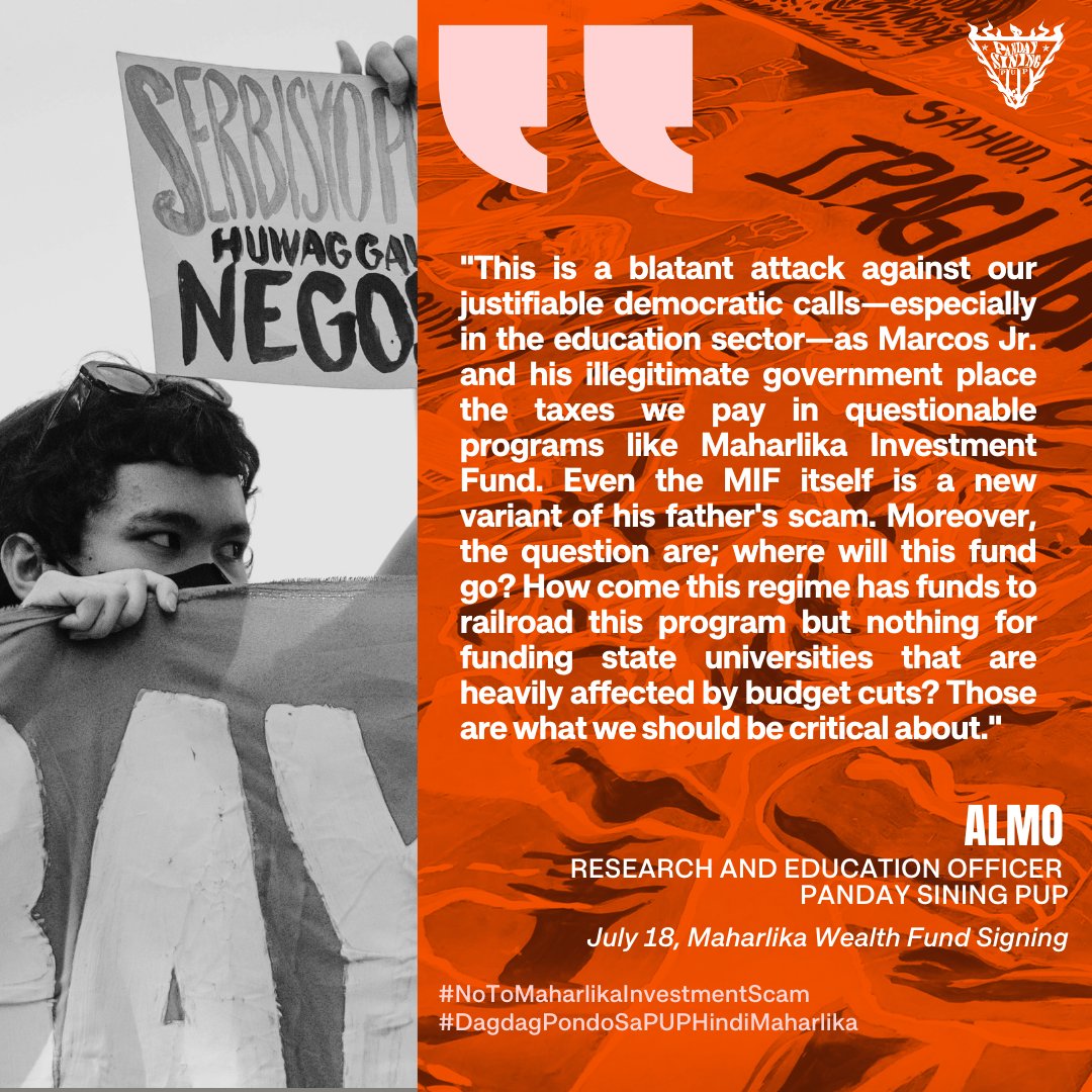 PandaySiningPUP's tweet photo. Youth Artists &amp; Cultural Workers of Panday Sining PUP Fight Back Against Maharlika Investment Scam of Marcos Jr.  

FOR IMMEDIATE RELEASE
July 18, 2023

read the full statement here: 
https://t.co/fQ2EPAgL8y https://t.co/4AQ3yKSq64