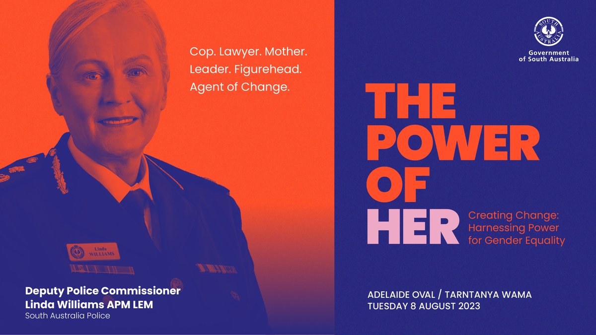 SAPoliceNews's tweet photo. SAPOL Deputy Commissioner Linda Williams is excited to be announced as a speaker at The Power of Her - an inclusive symposium focused on empowering women and driving change for gender equality &amp; representation 8/8/2023 at Adelaide Oval / Tarntanya Wama.
👉 https://t.co/ITURRYbq6B https://t.co/m68fsN27BW