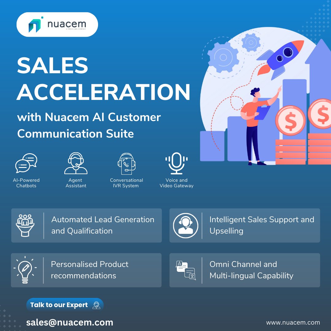 Are you READY to take your sales process to the next level? Boost your sales now with Nuacem AI Communication Suite!

#Sales #ConversationalAI #AICommunication #CustomerEngagement #DataDrivenSales #NuacemAI #Nuacem