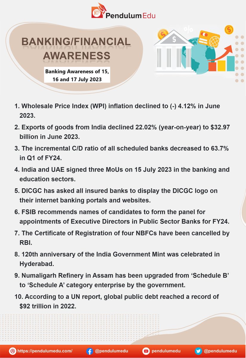 pendulumedu's tweet image. Banking/ Financial/ Economic Awareness of 15, 16 and 17 July 2023 - pendulumedu.com/banking-awaren…
#fy24 #IndiaandUAENews #Dicgc #FSIB #NBFCs #numaligarhrefinery #schedulea #globalpublic #UNReport #ibpsclerk #economicawareness #financialawareness #bankingawareness #sbiclerk