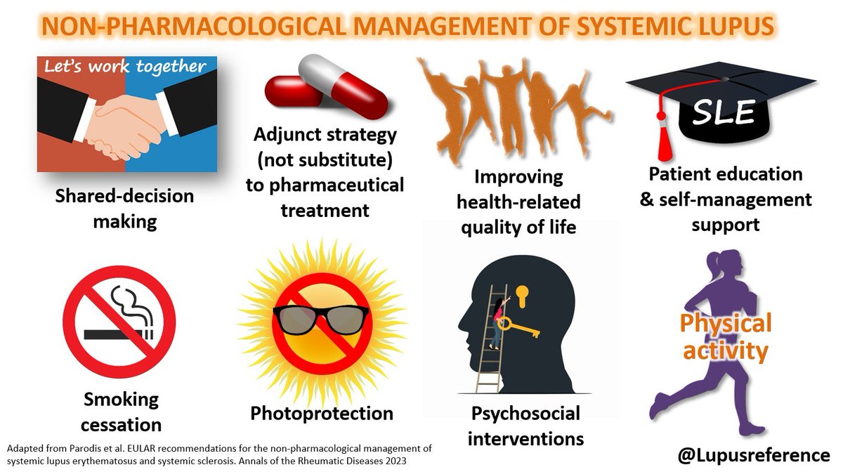 ✅ Visual for the #EULAR #recommendations 📜 for the non-pharmacological management of #Lupus, according to the #taskforce led by Carina Bostrom & @IoannisParodis 🏃🧘🏋️🎓🌞 📥 LINK to the FULL PAPER (#openaccess🔓): ard.bmj.com/content/annrhe…