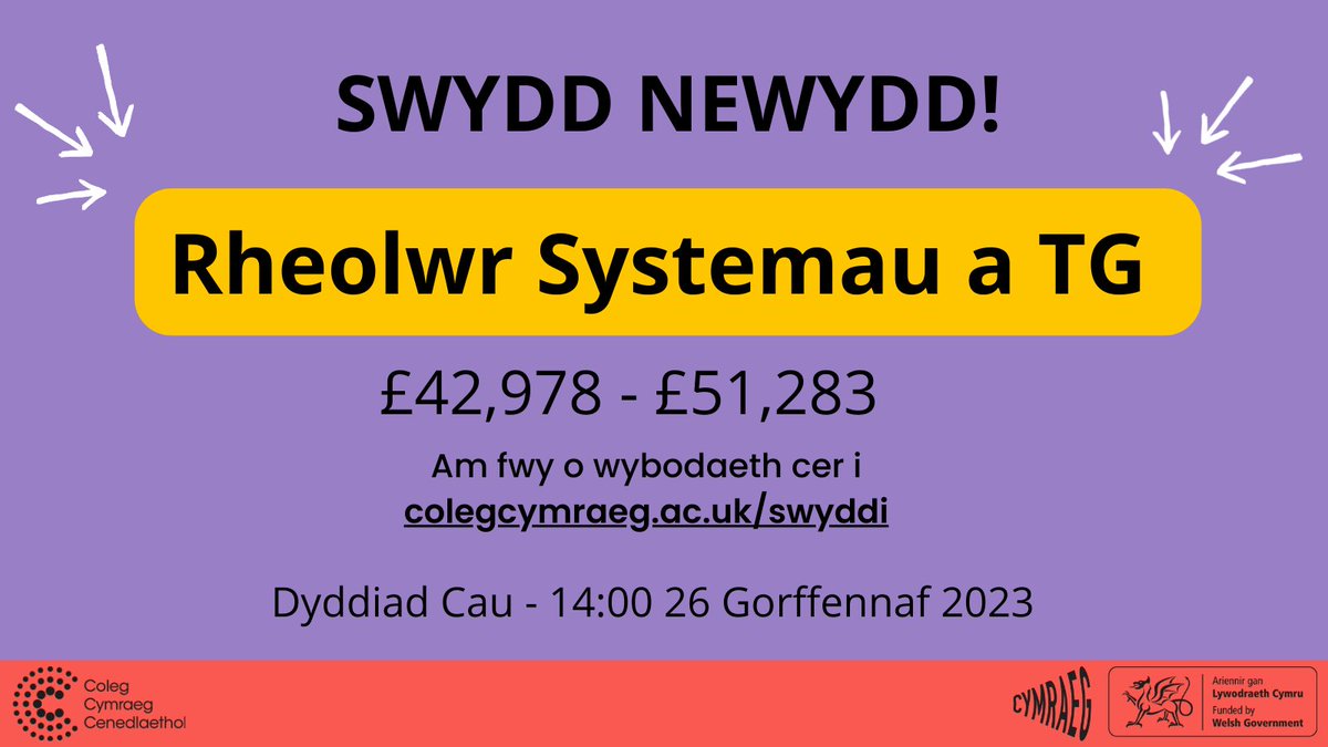 📢Swydd Newydd! 💻Wyt ti'n unigolyn cymwys ym maes TG ac yn frwdfrydig dros addysg cyfrwng Cymraeg? Ymgeisia am y swydd hon!