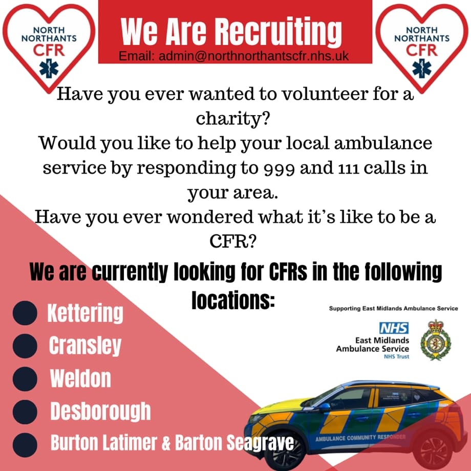 North Northants CFR ๐ (@n_northantscfr) on Twitter photo Have you ever wondered what we do & wanted to see if you could be a part of our team?
We're holding a recruitment evening next week where we will talk about what it's like to be a CFR & what it entails
25th July 2023 7pm
Email admin@northnorthantscfr.nhs.uk for the location info Have you ever wondered what we do & wanted to see if you could be a part of our team?
We're holding a recruitment evening next week where we will talk about what it's like to be a CFR & what it entails
25th July 2023 7pm
Email admin@northnorthantscfr.nhs.uk for the location info