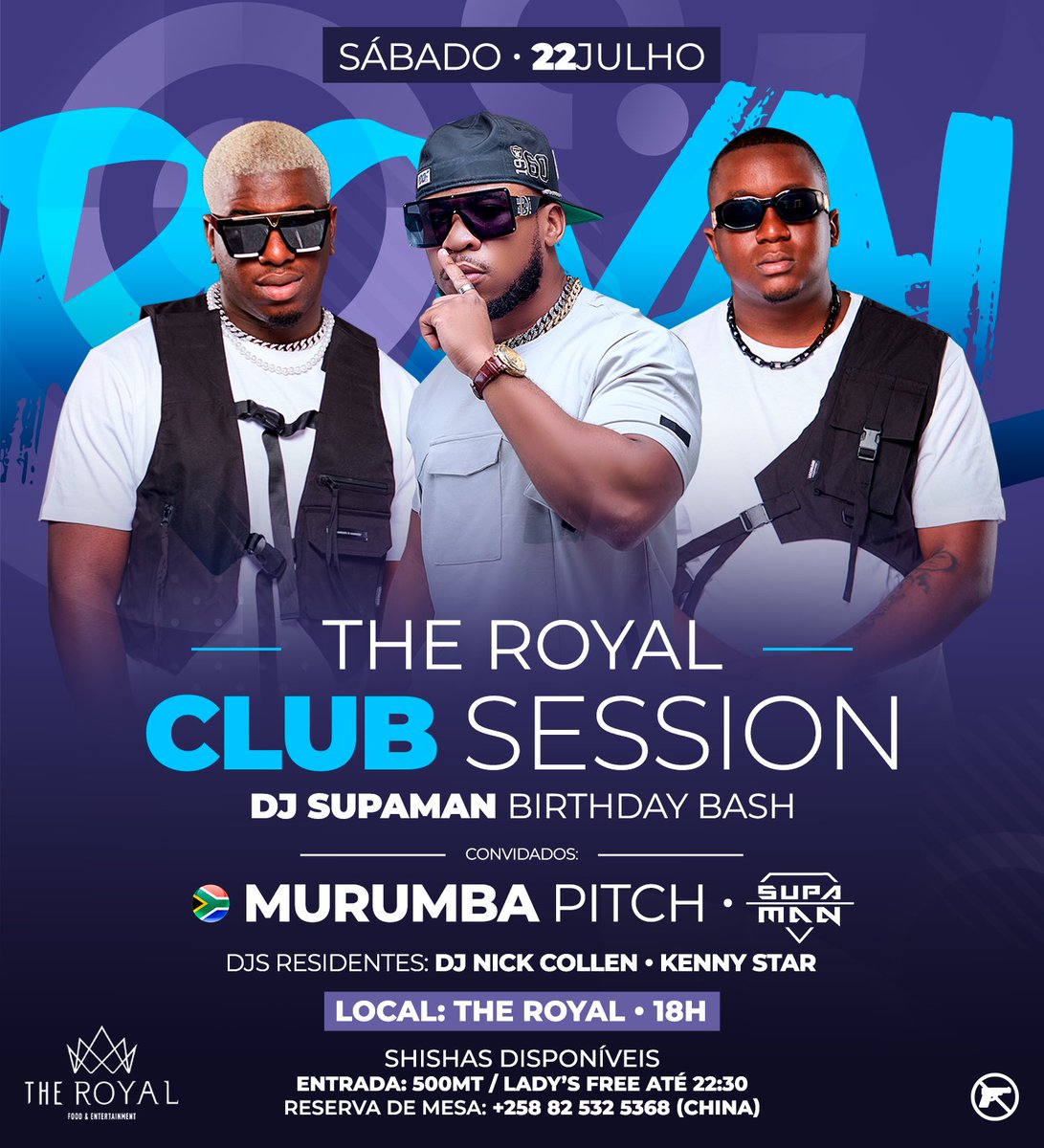 BOM DIA, Estão todos convidados a vir cortar o bolo comigo este Sábado no *The ROYAL MOZ* a partir das 18:00H! Meus convidados de honra: *MURUMBA PITCH 🇿🇦* S/O Picasso Eventos 🎂🍾
