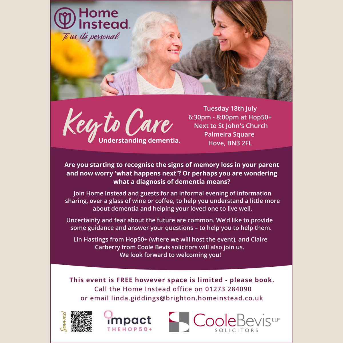 🗓 Last chance to get your FREE tickets for our dementia awareness session tonight!  Join Home Instead plus guest speakers and learn about dementia, how it affects the brain and what to do if your loved one has been recently diagnosed. Tickets here:
rb.gy/ozike