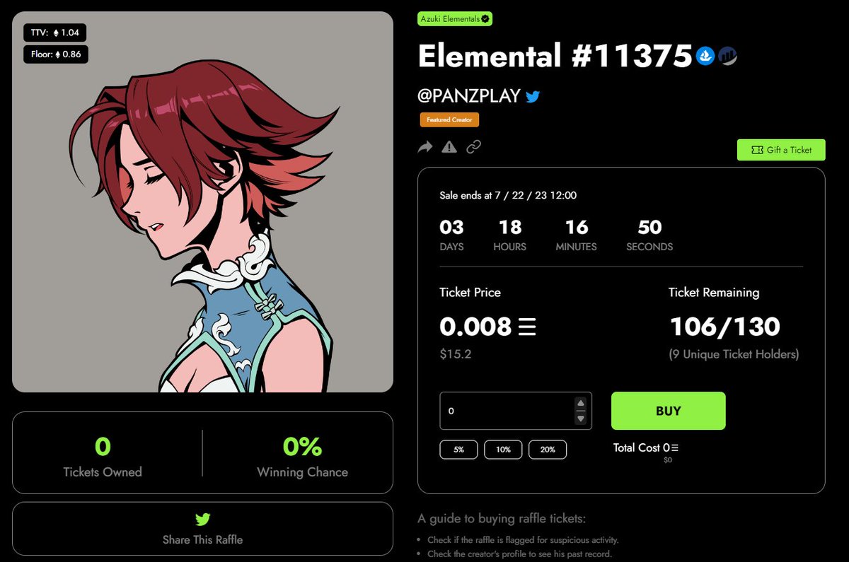 🎟️AZUKI ELEMENTALS TICKET GIVEAWAY 🎟️ Need more people in the Garden. Giving away 3 FREE PANZPLAY Tickets for this @Azuki Elemental Raffle. To enter: -Follow @PANZNEXTGEN and @PANZPLAY -Like and retweet -Show us your dream @Azuki NFTs 24 hours. ⏰