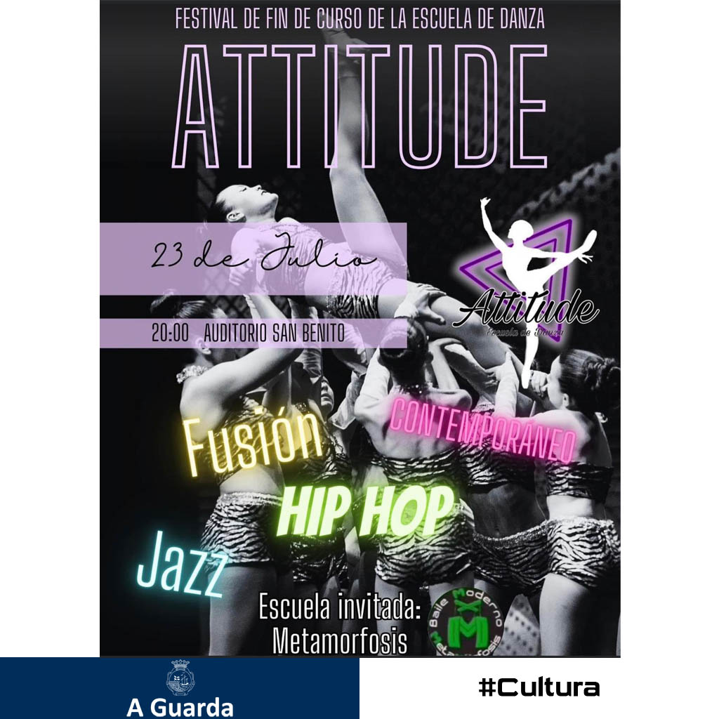 💃 Festival de fin de curso da Escola de Danza Attitude este domingo día 23 de xullo ás 20:00h no Auditorio de San Benito.
#AGuarda #Cultura #música