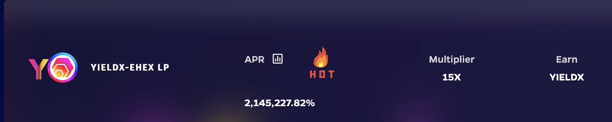 Yield Pulse (@yieldpulse) on Twitter photo 👉 New Native LP farm is dropped into Farms.
🧑🌾 $YIELDX - $eHEX LP Farm.
Grab this amazing APR and earn $YIELDX
#PulseChain #HEX #hexicans #BTC #YieldFarming
<a href="/HEXcrypto/">HEX.com 40% APY & 3866x price in 558 days!⬣🚀🌘</a> 👉 New Native LP farm is dropped into Farms.
🧑🌾 $YIELDX - $eHEX LP Farm.
Grab this amazing APR and earn $YIELDX
#PulseChain #HEX #hexicans #BTC #YieldFarming
<a href="/HEXcrypto/">HEX.com 40% APY & 3866x price in 558 days!⬣🚀🌘</a>