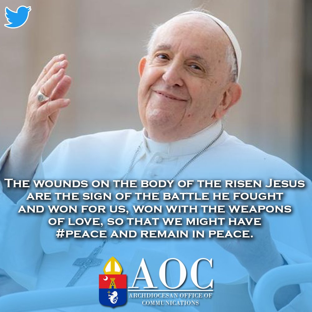 POPE FRANCIS on Twitter || The wounds on the body of the risen Jesus are the sign of the battle he fought and won for us, won with the weapons of love, so that we might have #peace and remain in peace.

#RCAM #AOC
#ArchdioceseOfManila https://t.co/Dl16T46XXl