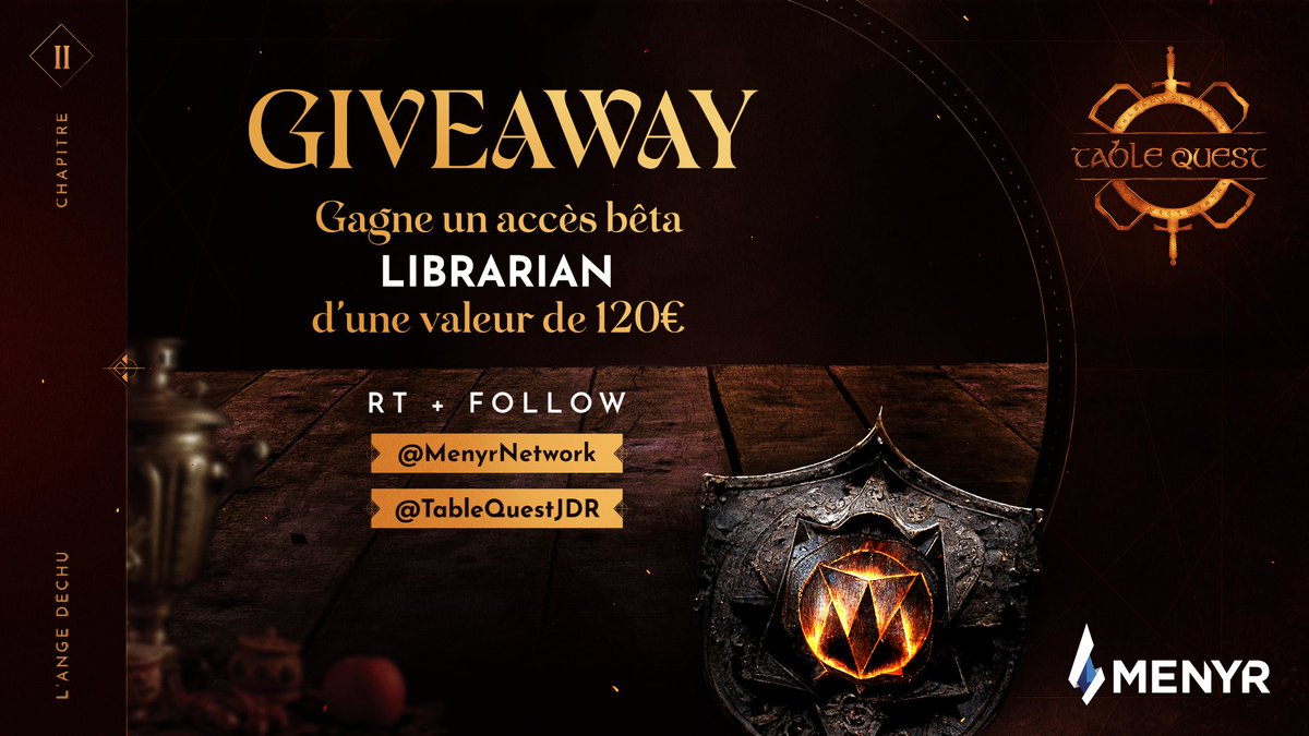TableQuestJDR's tweet photo. Tentez de remporter le pack "Librarian" vous permettant d'accéder à la bêta de Menyr !

Pour participer : RT + Follow @TableQuestJDR et @MenyrNetwork 🎲

Gagnant tiré au sort ce soir (18/07) à 21h https://t.co/I5tVGOShNV