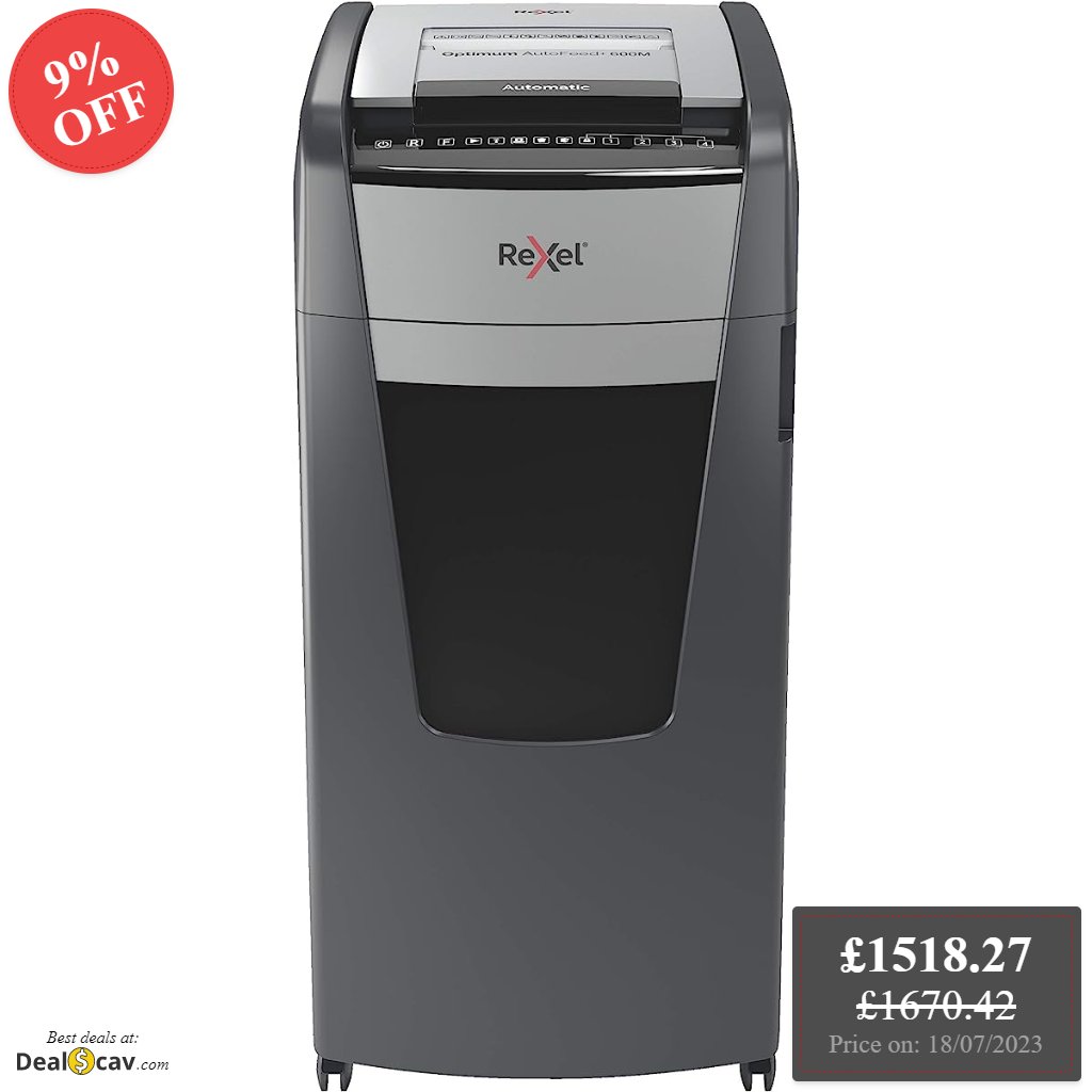 WOW! 9% on Rexel Optimum Auto Feed+ 600 Sheet Automatic Micro Cut Paper Shredder, P-5 Security, 110 Litre Removable Bin, Castor Wheels, 2020600M,Black?
Don't miss it!
https://t.co/neo7aeGbrm https://t.co/142iGa7rJJ