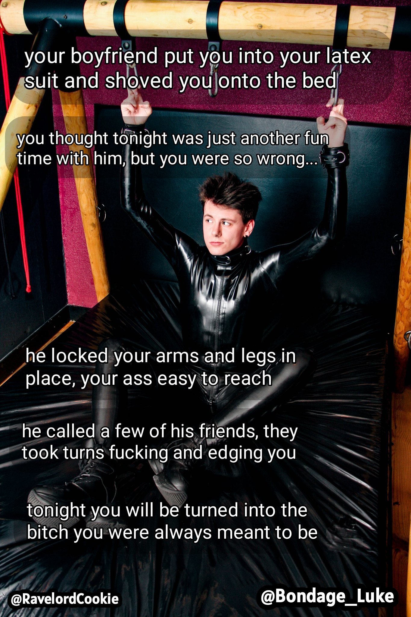 Bondage Luke on X: Being helpless, in latex and used turned you on so  much. Your boyfriend saw that, and helped you become his fucktoy [Image by  the fantastic @RavelordCookie] bdsm.kink.tpe.NSFW.slave.slavery. rubber.bondage.Latex t.co ...