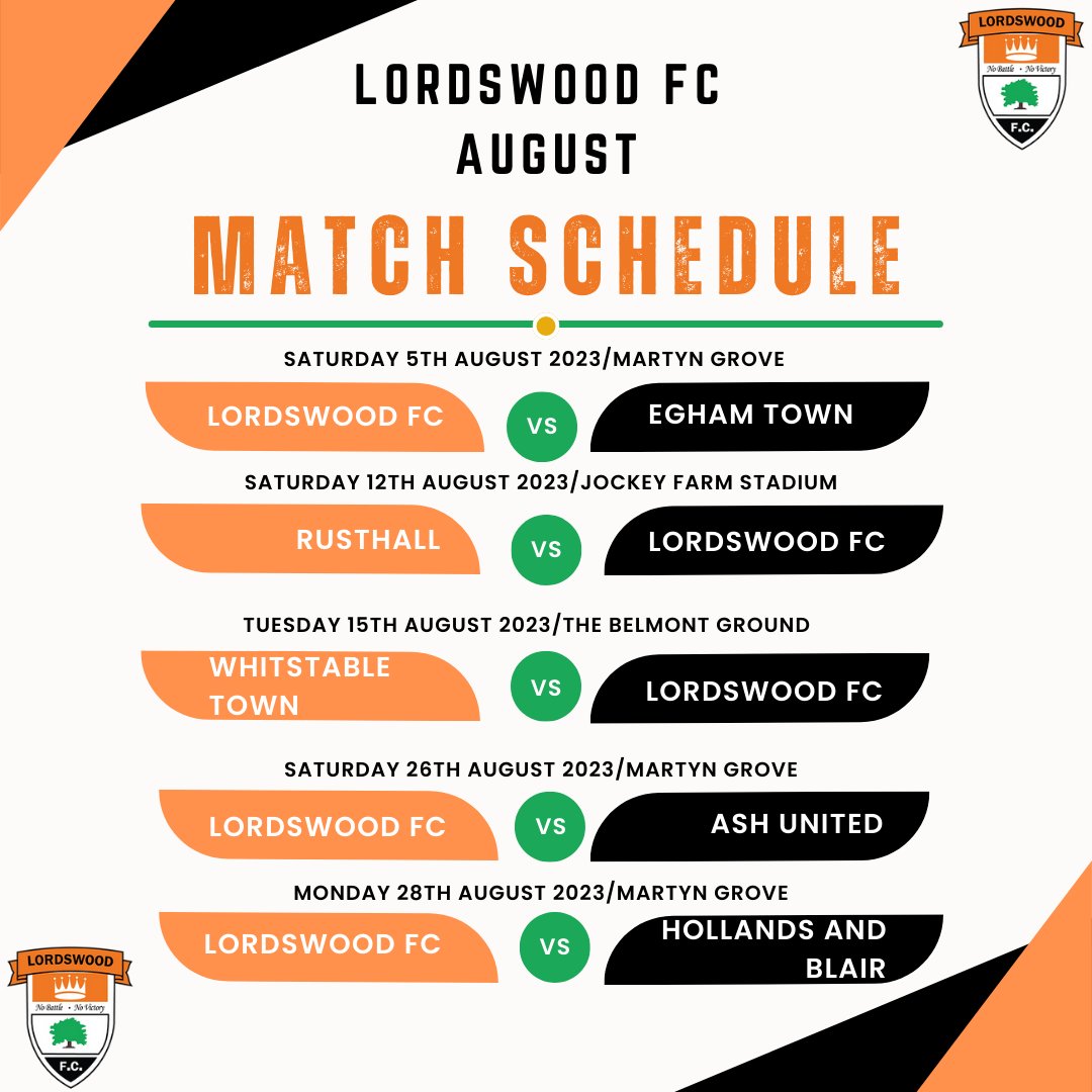 LordswoodAFC's tweet photo. Lords and Ladies...🧡🖤

May I present to you your Lordswood FC fixture list for August🫡🧡🖤
#utw #Nonleague #lordsrising #grassrootsfootball #nobattlenovictory https://t.co/EfILc8akBm