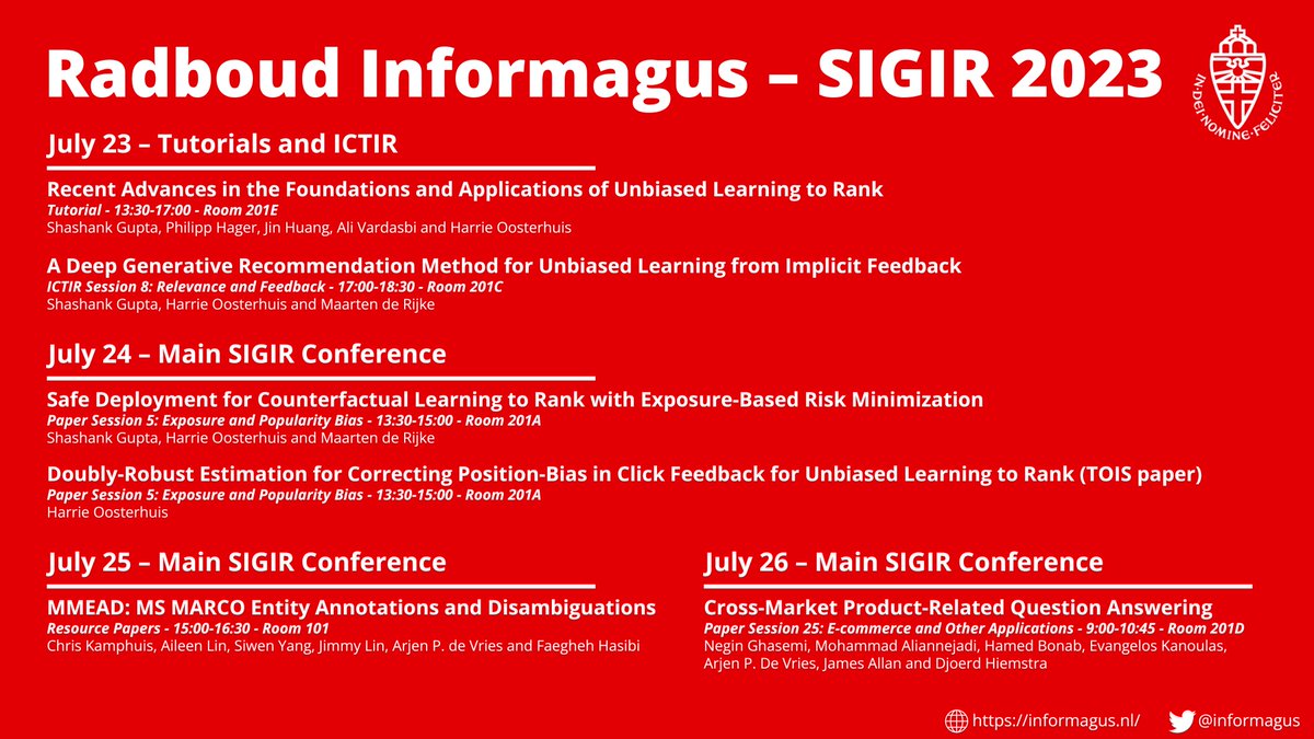 We are excited to be at #SIGIR2023 next week! 🌞🇹🇼🏙️

Our group has six presentations this year, see the overview below.

Come talk to us if you want to know more about our research, group or university and job openings! 😄
