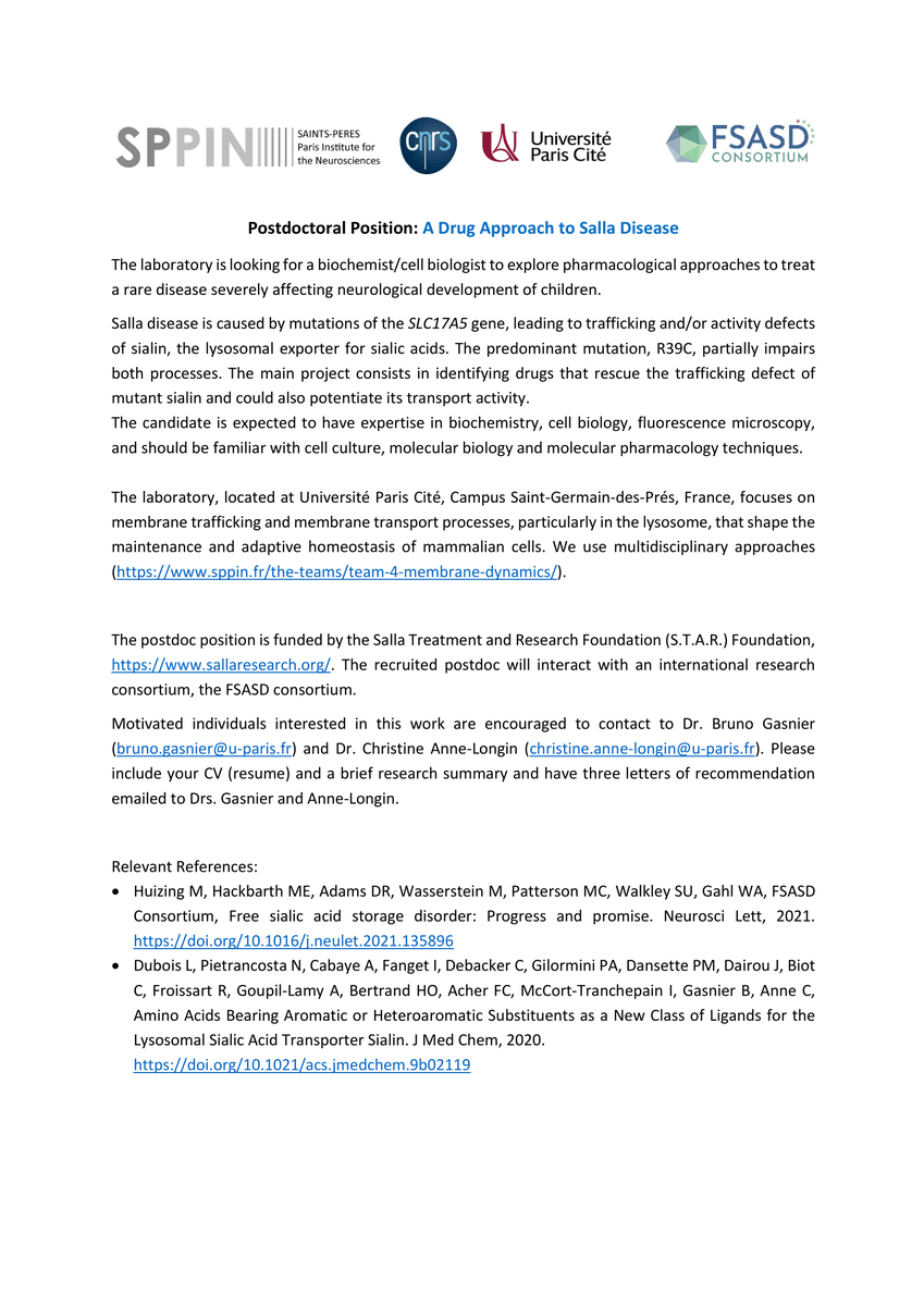 nico_panayotis's tweet photo. #Postdoc position in the group of Bruno Gasnier and Christine Anne-Longin at the #SPPIN https://t.co/KyLheBZrpG @univ_paris_cite in the field of #CellBiology & #Biochem to study new pharmacological approaches to treat #SallaDisease, a rare Lysosomal Storage disorder #Paris #Neuro https://t.co/C8GcbabM3w