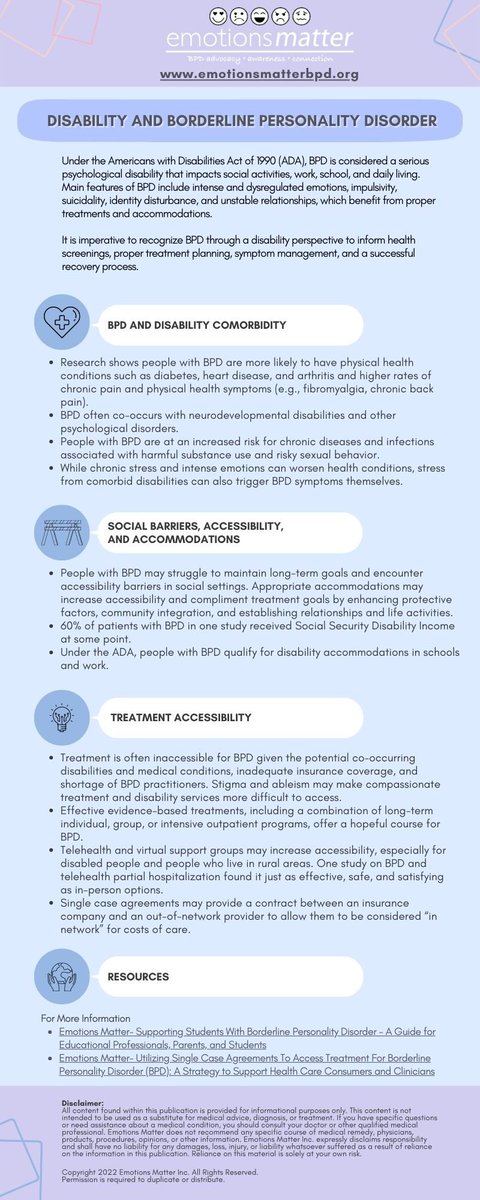 July is Disability Pride Month. Did you know that people with borderline personality disorder also have a disability that can affect daily functioning? Thank you to our volunteer leaders who have spoken about this important issue. emotionsmatterbpd.org/diversepopulat…