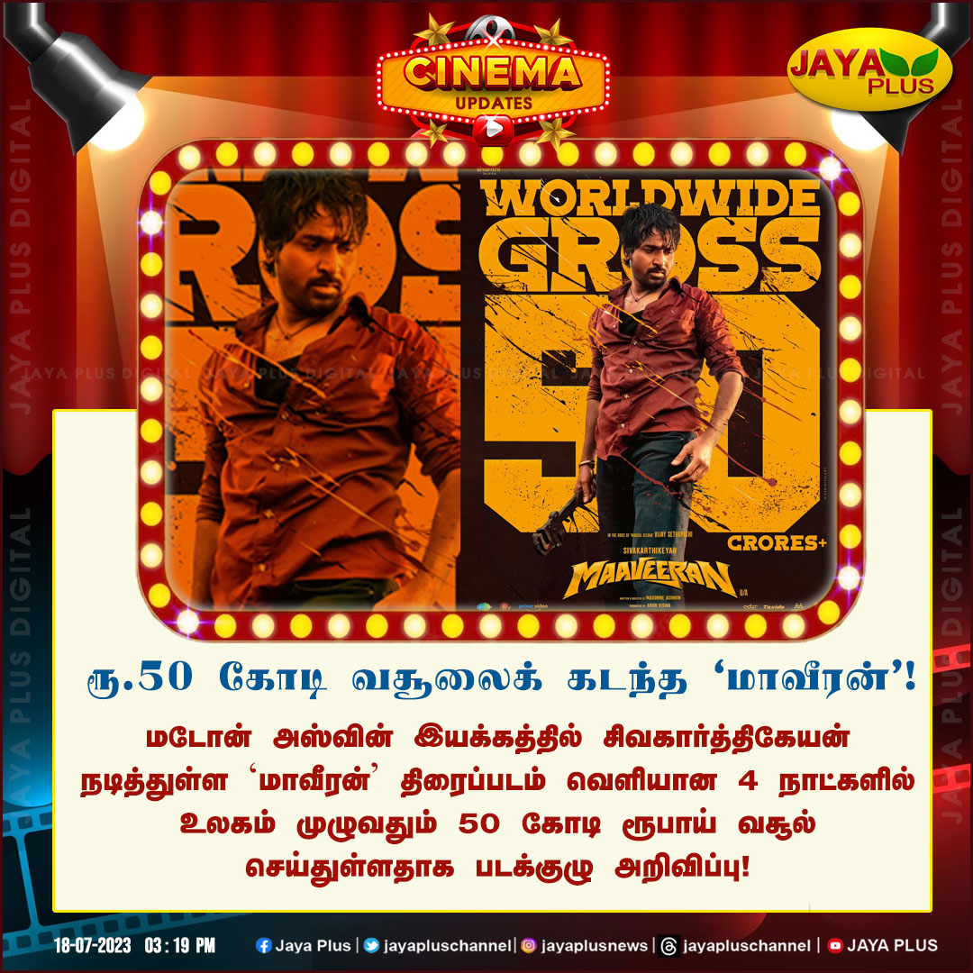 jayapluschannel's tweet image. சிவகார்த்திகேயன் நடிப்பில் வெளியான மாவீரன் திரைப்படம்  ரூ.50 கோடி வசூல் செய்துள்ளதாக படக்குழு அறிவிப்பு..

@Siva_Kartikeyan @madonneashwin @AditiShankarofl #Maaveeran #MaaveeranBlockBuster #50crores #Jayaplus