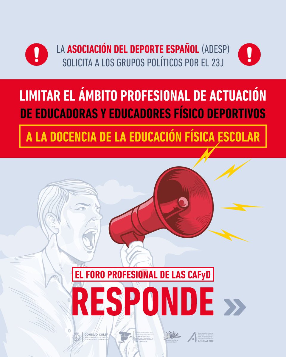 ConsejoCOLEF's tweet image. La @depespana (ADESP) ha solicitado a los grupos políticos limitar el ámbito profesional de actuación de las educadoras y educadores físico deportivos a la docencia de la Educación Física escolar.

📢¡EL FORO PROFESIONAL DE LAS CAFYD RESPONDE!

🔗 consejo-colef.es/post/foro-comu…

Hilo🧵