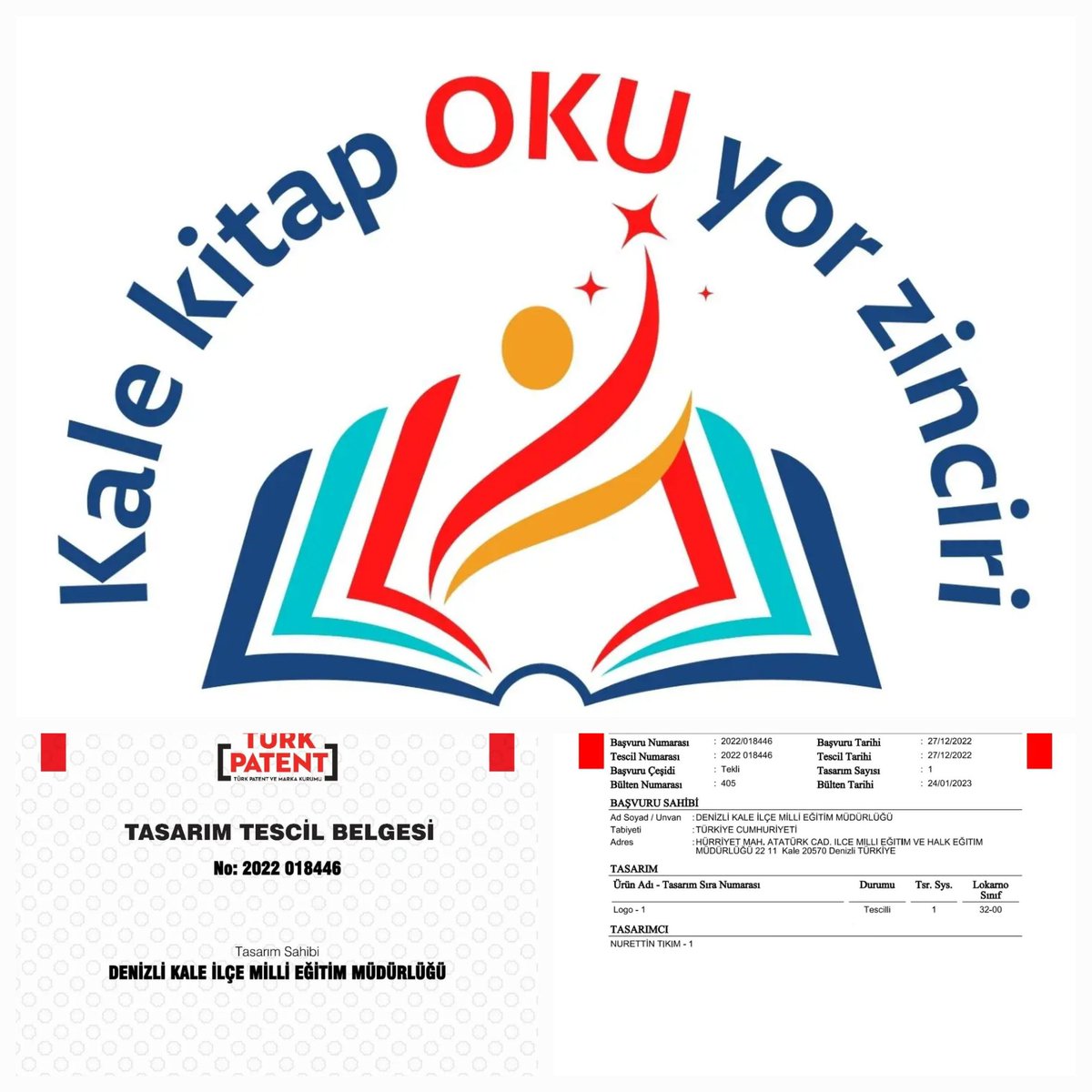 Kale Kitap Okuyor Zinciri  olarak yürüttüğümüz projemiz Türk Patent ve Marka Kurumu tarafında  Tasarım Tescil  Belgesi almıştır.
Katkı sunan herkese teşekkür ederiz.
<a href="/ekicis20/">Süleyman EKİCİ</a> 
<a href="/YTEMEL3/">Y.TEMEL</a> 
<a href="/Z_Efiloglu/">Zekeriya EFİLOĞLU</a> 
<a href="/bestamiyazgan/">Bestami YAZGAN</a> 
<a href="/akaraceylan2021/">Abdullah KARACEYLAN</a> 
<a href="/20zgi/">Süleyman İzgi</a> 
<a href="/kale_ybo/">Kale Cumhuriyet Yatılı Bölge Ortaokulu</a> 
<a href="/nurcancobann/">nurcancbn</a> 
<a href="/h_basgun/">Hüseyin Başgün 🇹🇷</a>