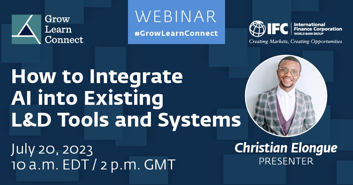 IFCAfrica's tweet photo. Join us for the #GrowLearnConnect webinar "How to Integrate Artificial Intelligence (#AI) into Learning and Development (L&D) Tools" to learn how AI is transforming the L&D space.
📆July 20, at 10 a.m. EDT
Register today: https://t.co/n2RaU4IRIr https://t.co/nrC5KRufee