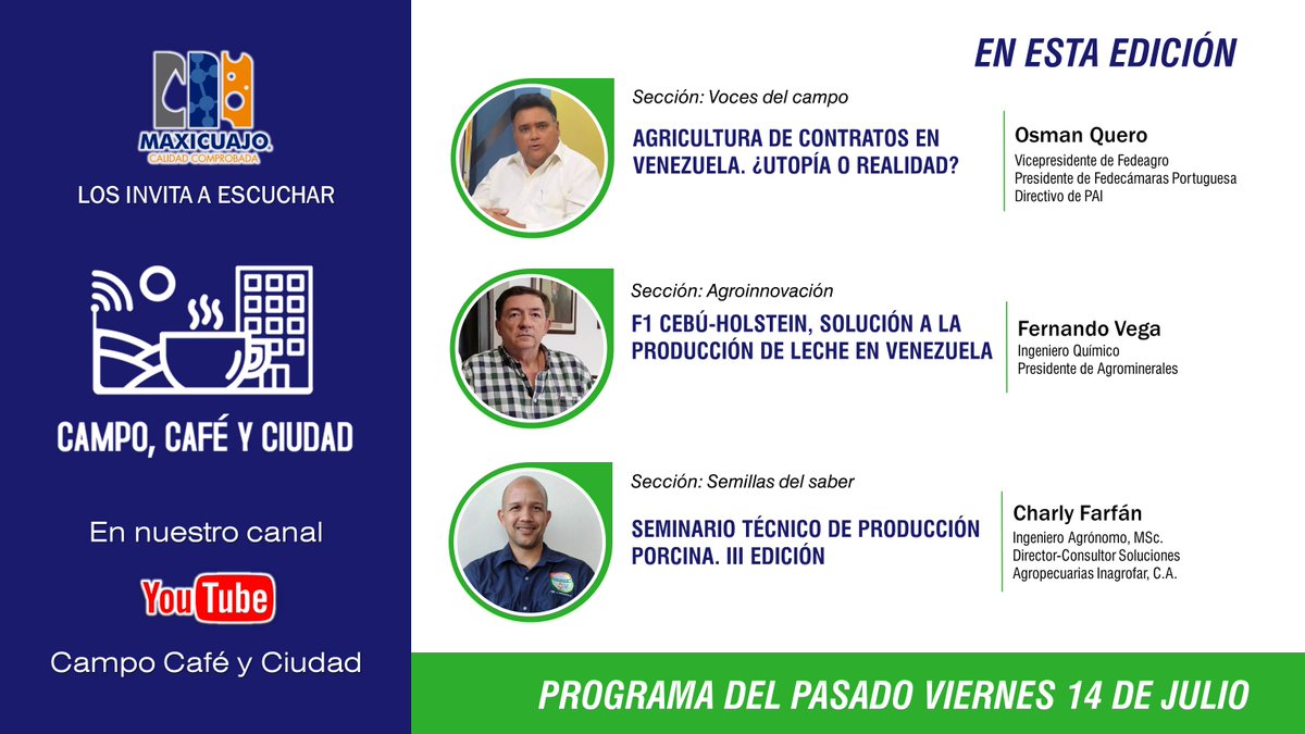 En el canal de Youtube Campo, Café y Ciudad ya está disponible la edición de nuestro programa del pasado viernes #14Jul Te invitamos a escucharlo aquí a tan sólo un click de distancia youtube.com/watch?v=C33vgc… #Venezuela #Agricultura #Ganadería #Agroindustria #Radio #YouTube