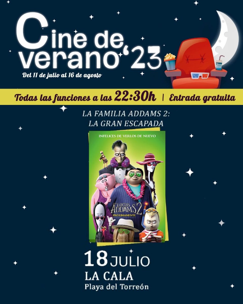 ¿A quién le apetece una noche de peli y palomitas?🎥🍿
¡Esta noche nos vamos de vacaciones con La Familia Addams!👻
A las 22:30 en la playa del Torreón (La Cala de Mijas)🏖️ con la película “La Familia Addams 2: La gran escapada”.
Nosotros no nos la vamos a perder, ¿y tú?😃👏