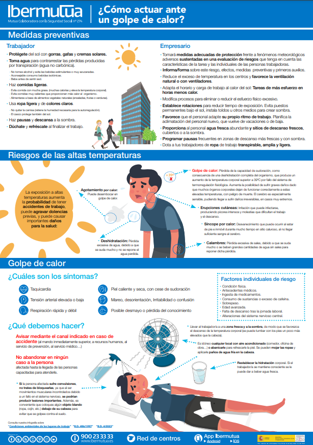 Ibermutua's tweet photo. Ante una nueva #OlaDeCalor es importante recordar esta infografía dónde os explicamos:
Cómo actuar ante un #GolpeDeCalor
Cuáles son sus #síntomas
Qué #MedidasPreventivas debemos tomar https://t.co/BGVI9DMjSb