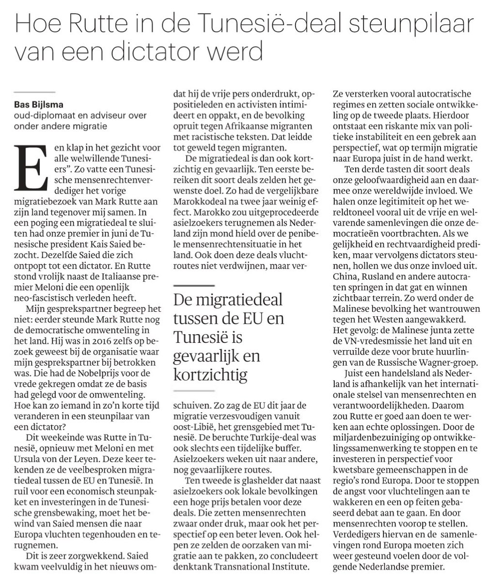 BijlBas's tweet image. De migratiedeal met Tunesië is gevaarlijk en kortzichtig, betoog ik in @trouw vandaag 👇

Ik schaam me dat onze demissionaire @MinPres @MinPres de kant kiest van dictators in plaats van kwetsbare mensen. 

Dat is ook nog eens slecht voor onze eigenbelangen.