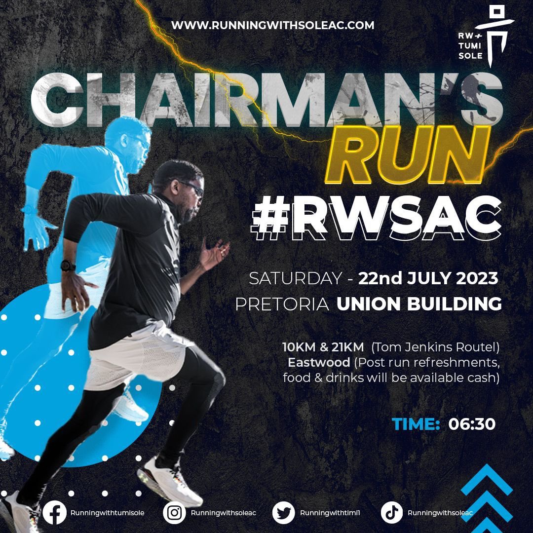 Please join us this Saturday for the Chairman’s Birthday Run ko 012! 

📍Union Building 

🕰️ 06:30 

Distance: 10km / 21km

Bring a friend 

#HappyBirthdayTumiSole 

#RunningWithTumiSole 

#RunningWithSoleAC