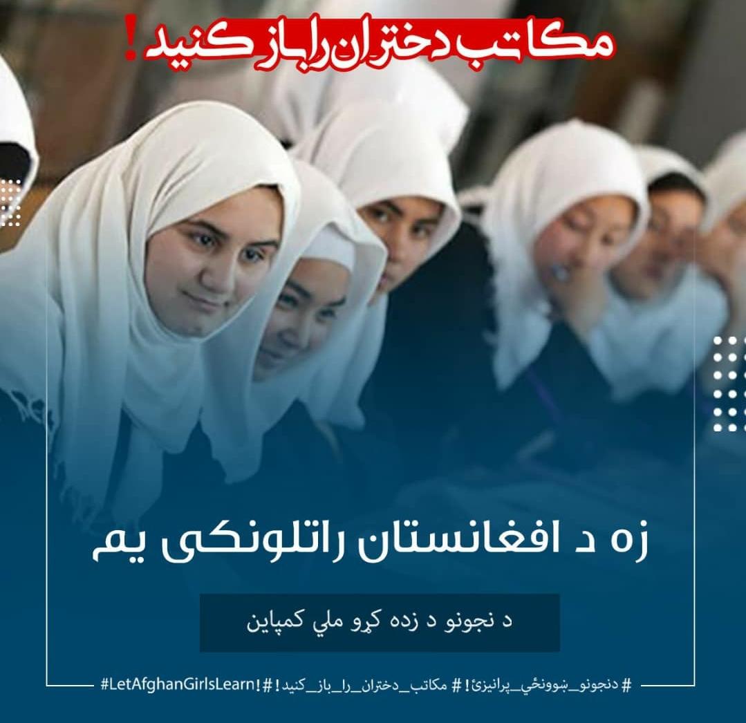 afghan_child's tweet photo. په افغانستان کې د افغان نجونو د تعلیم 666 تورې ورځې.
تعليم ژوند دی
تعلیم آزادي ده
تعليم د ټولنې پرمختګ دی
تعلیم سوله ده
افغان نجونې او ښځې د زده کړې حق لري.
موږ د افغان نجونو او ښځو د تعلیم لپاره کار کوو. مهرباني وکړئ ملاتړ او مرسته وکړئ. 
#LetAfghanGirlsLearn https://t.co/aCfLvn3Tjt