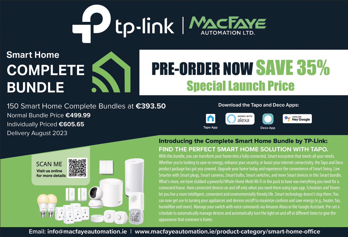 MacFayeAutomate's tweet image. Pre-Order Now and SAVE up to 35%
Introducing the Smart Home Complete Bundle for people who want to enjoy the benefits of a smart home without the technical hassle! 
Our bundle includes everything you need to turn your home into a smart home. macfayeautomation.ie/product-catego…
