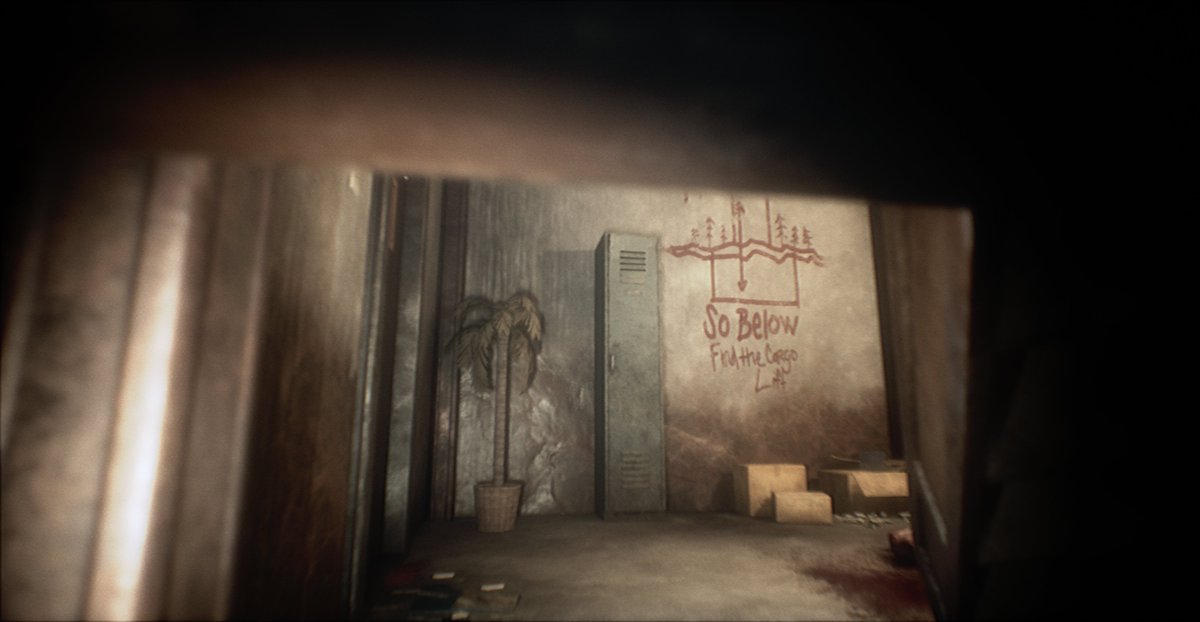 An in-game screenshot while playing Pneumata today! 
What does the writing on the wall mean?

#HorrorCommunity #horrorgaming #indiegames #gaming #unrealengine #horror